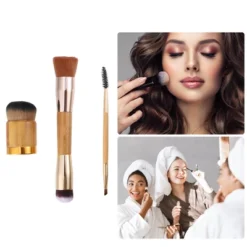 Unique Bargains Makeup Brush Set Foundation Concealer Blush Nylon Bamboo Handle Brown Gold Tone 3 Pcs